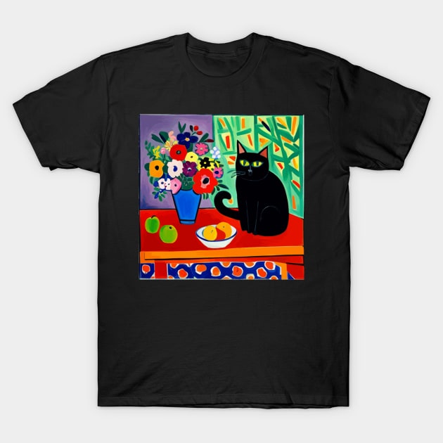 Cute Black Cat with Fruit and Flowers Still Life Painting T-Shirt by bragova